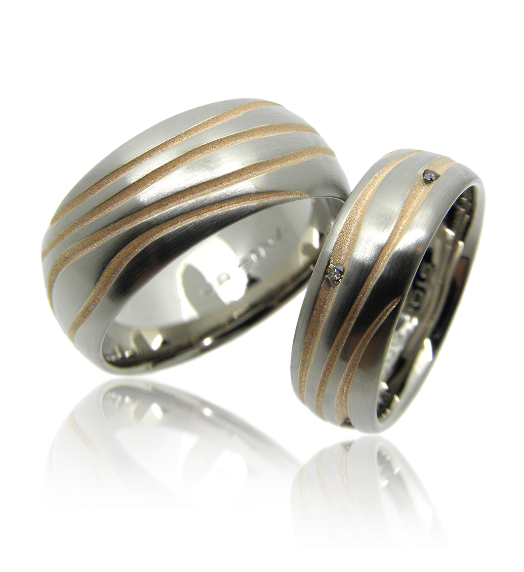 Trauringe, Eheringe, Weissgold, Rotgold, Brillanten, Heiraten, Hochzeit, Goldschmiede, Faktor S, Winterthur, zurich, zürich, sahak, jewellery, jewelry, goldsmith, manufacture, wedding ring, wedding, wedding band, diamond ring, diamonds, relief, wave, spiral, design, red gold plated, white gold, partner ring, wedding